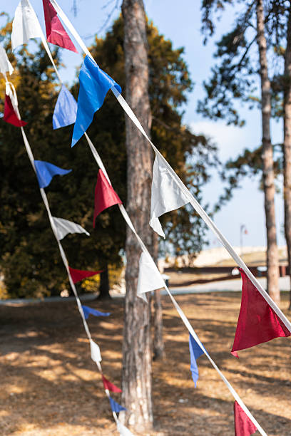 istock Triangular blue, white and red flags on a ribbon against a autumn park or natural backdrop. Concept for a holiday, festival or birthday party. Vertical photo 2238086043