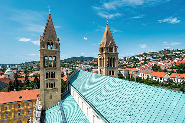View from one of the towers of the Pecs Cathedral in downtown Pecs, Hungary.