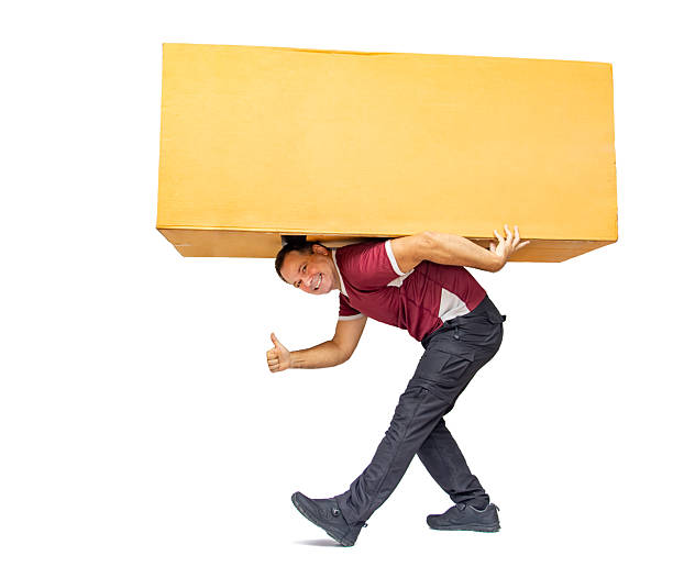 Worker Unloading Cardboard Boxes on Hand Online Orders, Purchases, E-Commerce Goods isolated on white background.