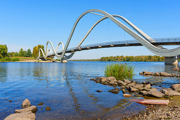 istock Wavy Footbridge Over Water with Lush Greenery Under Clear Blue Sky in Kyiv 2238090384