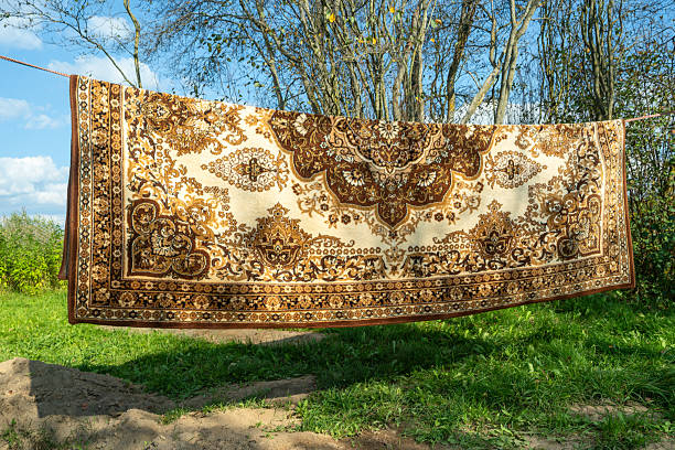 istock Machine made carpet hanging outdoors on clothesline in rural area. Synthetic decorative carpet drying in open air with geometric design and neutral colors in natural setting. 2238094737