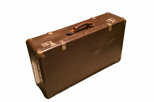 This vintage suitcase features a classic leather design and a sturdy wooden handle. It sits on a clean white surface, evoking nostalgia for past travels and adventures.
