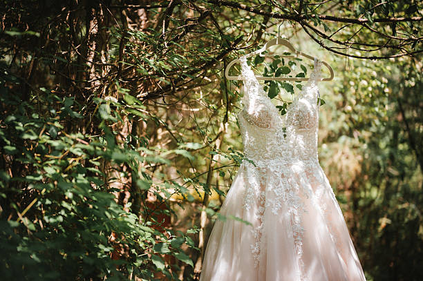 istock Bridal dress displayed outdoors on hanger among trees 2238098011