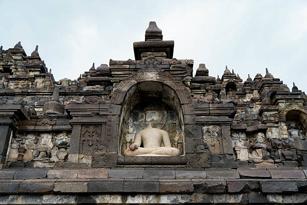 A serene stone statue of Buddha seated in a niche at a historical temple, surrounded by intricate carvings and ancient architecture