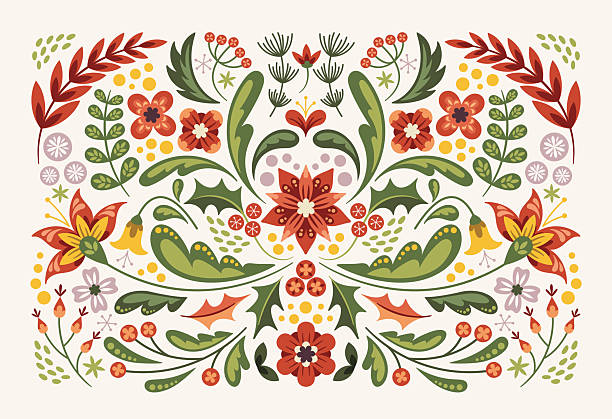 Christmas decorative nature floral composition with flower bloom, leaves and berries colorful folk style vector illustration. Winter holiday festive vintage ornamental plant design vector illustration