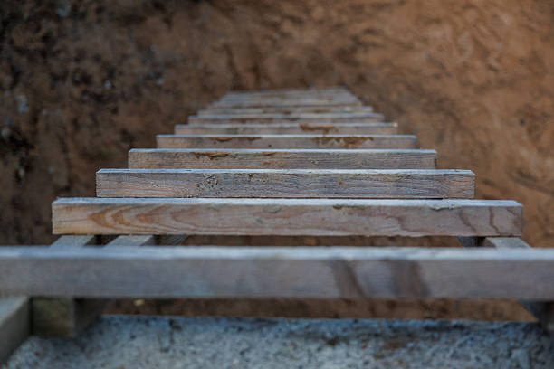 A weathered wooden ladder descends into an earthen pit surrounded by exposed soil, highlighting an excavation or construction site setting.