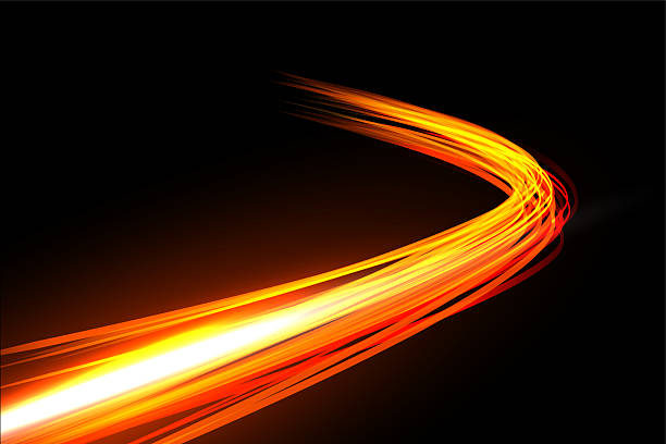 istock Light speed trail. Curved glowing orange and yellow wave on black background. Dynamic energy lines with motion blur and bright central beam. Futuristic abstract vector illustration 2238109099