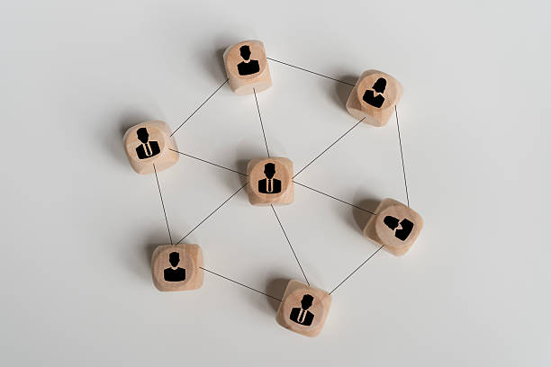 istock Business network connection concept with wooden blocks linked together symbolizing teamwork and communication 2238109464