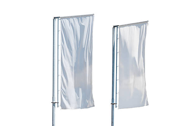 istock Two tall vertical white advertising flags on metal poles isolated on white background, mockup template for branding or event promotion. 2238112441
