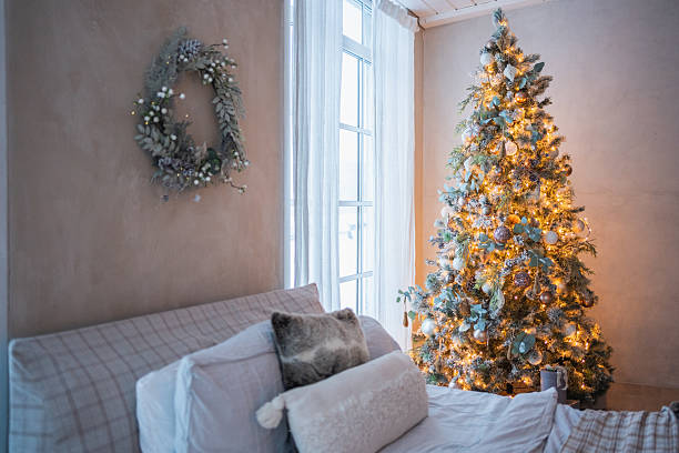Christmas Tree With Gifts Decorated With Toys Interior For New Year
