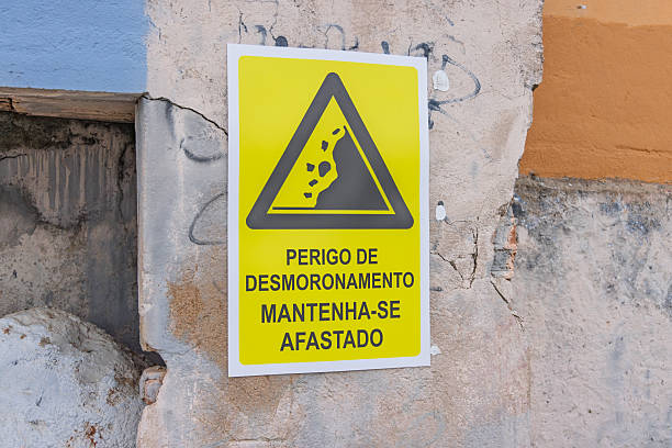 istock Yellow warning sign on a decaying wall in Portugal 2238121663