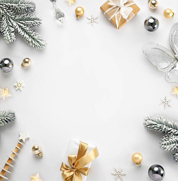 Christmas frame composition empty center space.New year holiday greeting card, elegant background. Balls and fir tree backdrop.
