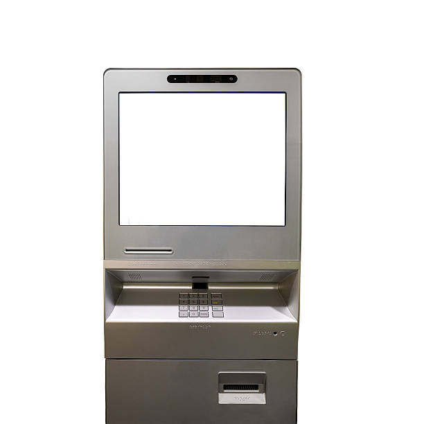 istock silver ATM machine with a screen, keyboard, and card slot. mockup and copy space 2238123664