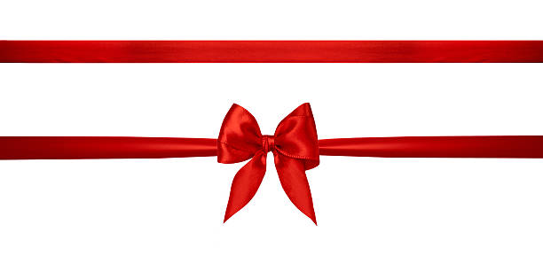 Red bow and satin ribbon stripe isolated, Christmas decoration element cutout.Holioday gift decor,border.