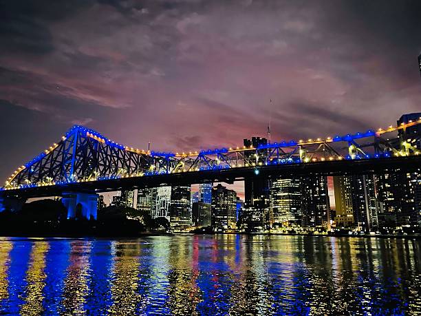 Brisbane Story Bridge Nighttime Lights Sunset