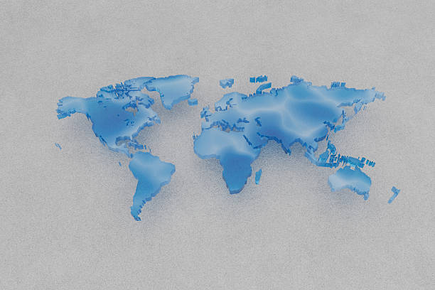3D blue world map water on a light textured background. Concept of global connection, geography, international business, worldwide communication, and modern cartography design. Water and ocean concept