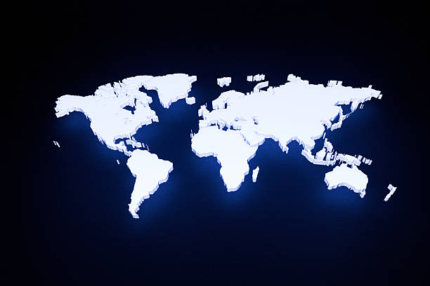 istock Glowing white LED world map with continents glows on a black background. Creative idea. Globalization and business development concept. Web technologies. 2238143167