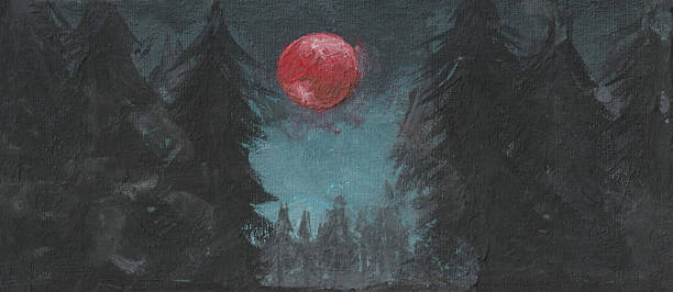 istock A night forest and a red moon, hand-painted with gouache. A mysterious natural background. A Halloween banner. 2238145104