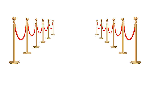 istock Barriers with red rope line. VIP zone, closed event restriction. Realistic image of golden poles with velvet rope. Isolated on white background 2238145534