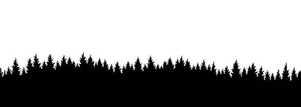 Mountains silhouettes landscape background. Rocky panorama with mountains skyline and pine tree forest. Scenery with slopes, vector cartoon illustration.