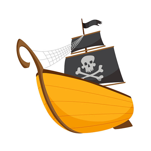istock Stylized cartoon pirate ship illustration with black sails. Cute vector icon. Pirate Ship sailing on water 2238148134