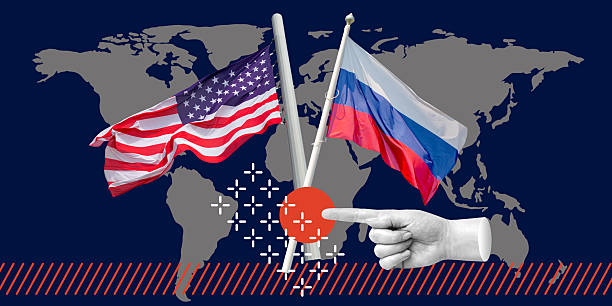 istock USA and Russian flags against world map, with pointing hand pressing red button. Geopolitical tension, international relations, and global decision-making. Minimalist art collage 2238148584