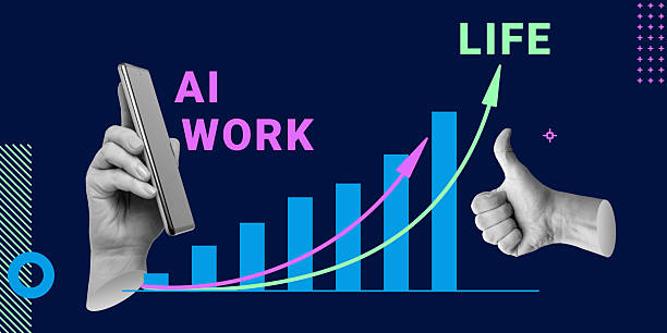 istock Hand holding smartphone with AI work and life growth chart. Concept of technology improving productivity and quality of life. Rising graph showing AI work and life improvement. Minimalist art collage 2238148588