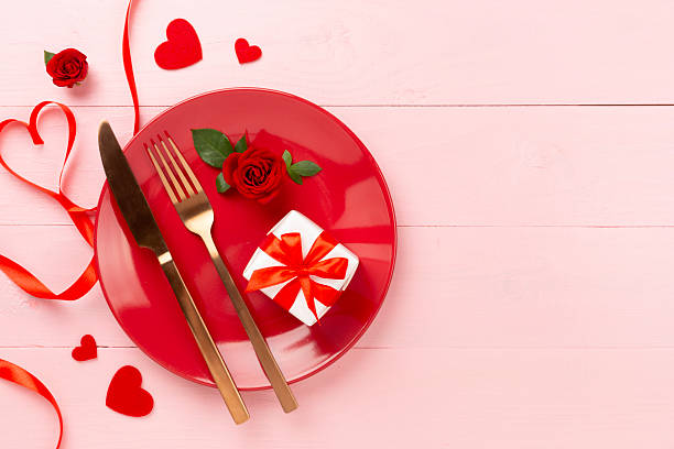 istock Festive table setting for Valentine's Day on wooden background, top view 2238151166