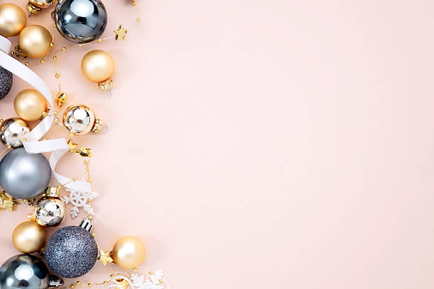 istock Christmas top view composition of tree balls empty copy space background. Xmas baubles flat lay border design empty space backdrop. 2238159446