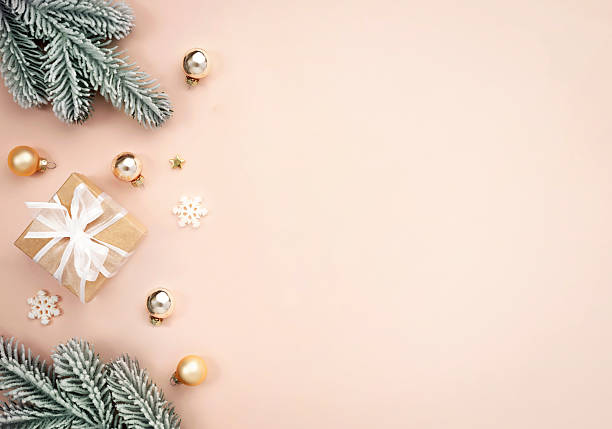 istock Flat lay Christmas composition of tree balls branches and gift box.Empty copy space top view xmas backdrop, border,frame. 2238159462