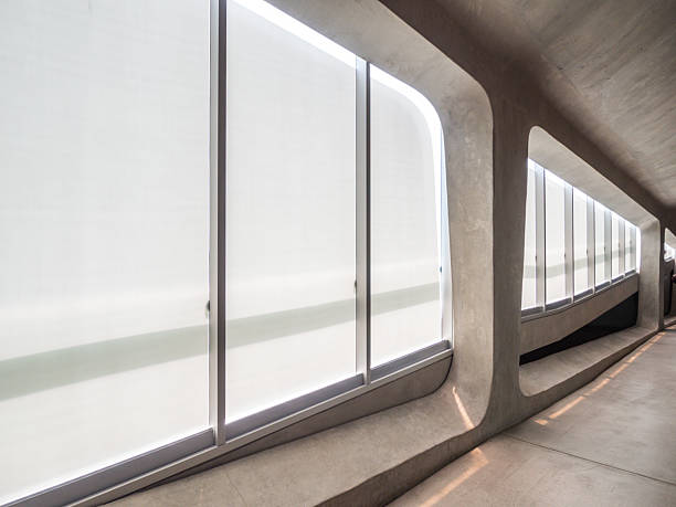 A bright, minimalist interior corridor featuring smooth concrete curves and large frosted windows, creating a calm, airy atmosphere ideal for architectural and design projects.