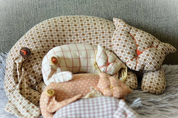 A mother cat and her handmade kittens on the furry pillow