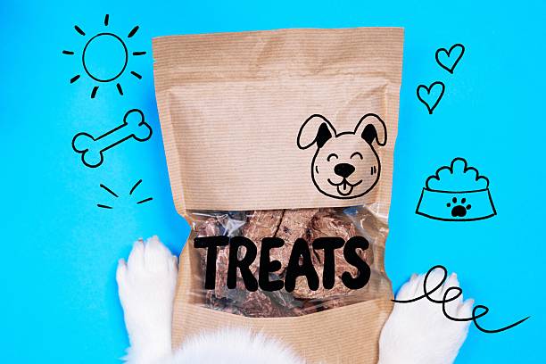 Dog treat bag with cute illustrations and blue background