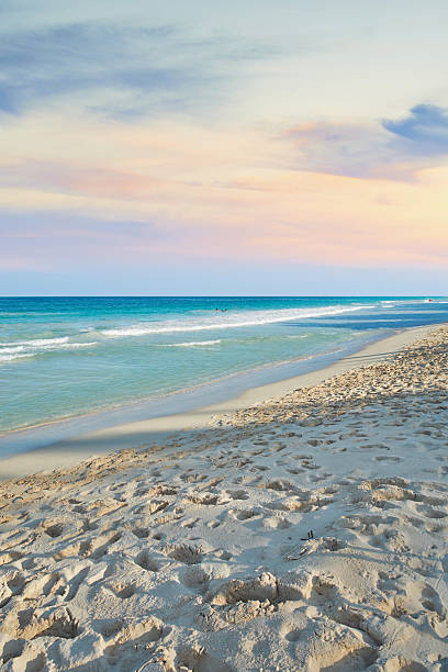 A tranquil beach scene featuring gentle turquoise waves lapping against soft golden sands beneath a bright, clear blue sky. The vibrant tropical ambiance evokes feelings of paradise and peaceful retreat..