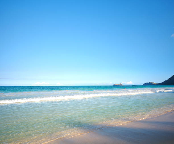A tranquil tropical seaside view features gentle waves washing upon the sandy coastline. The vibrant blue sky and the horizon dotted with scenic islets create an inviting landscape reminiscent of paradise.