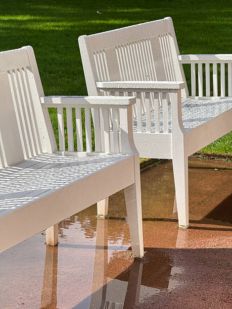 istock White benches on wet sidewalk in Oslo 2238189543