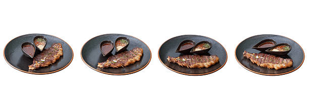Gourmet Steak Plating: An appetizing culinary presentation showcases exquisitely plated steaks, accompanied by artful sauces, inviting a sensory experience.