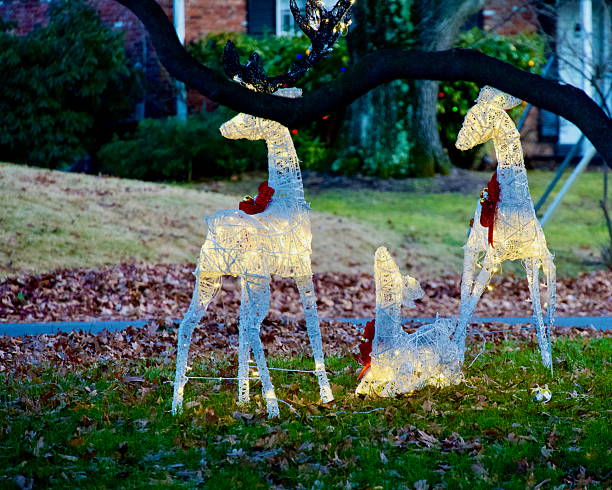 Fairfax, Virginia, USA - December 17, 2024: Electrically lit Christmas lawn decorations shaped like deer adorn a suburban home in Northern Virginia during the Christmas holidays.