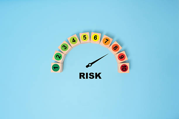 istock Risk level indicator rating print screen wooden cube block since low to high on blue background for Risk management and assessment concept. 2238207828