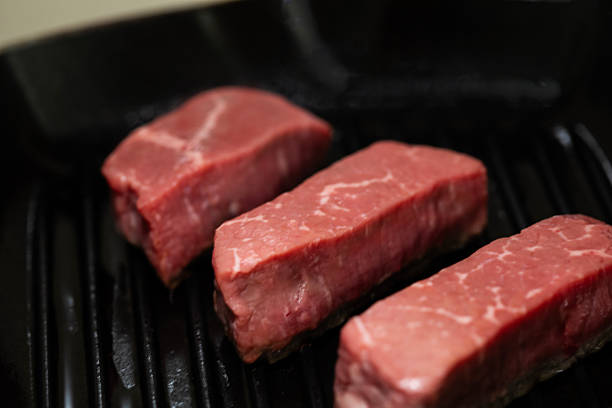 Raw Beef Steaks on Grill Pan