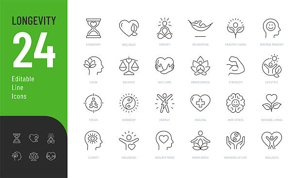 Vector illustration in modern thin line style of components of long life human related icons: balance, vitality, relaxation, and more. Isolated on background