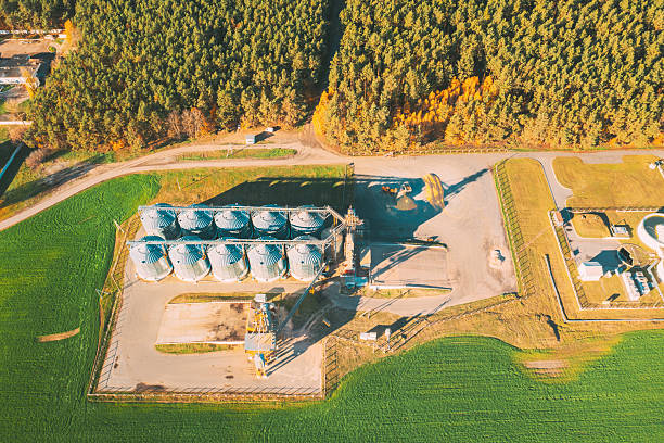 istock Aerial view modern granary, grain-drying complex, commercial grain or seed silos in sunny autumn season rural landscape. Corn dryer silos, inland grain terminal, grain elevators standing in a field 2238222850