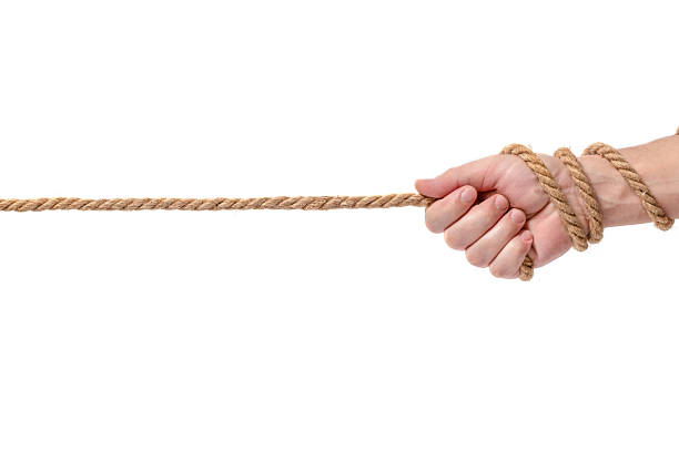 istock Man hand holding rope on white background. Isolated. 2238225050