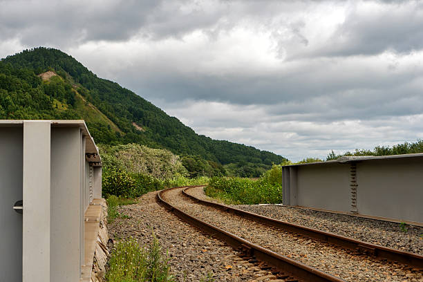A railway track curves into the distance beneath cloudy skies, bordered by greenery and mountains, symbolizing travel, connection, and scenic landscapes. Nature of Sakhalin Island