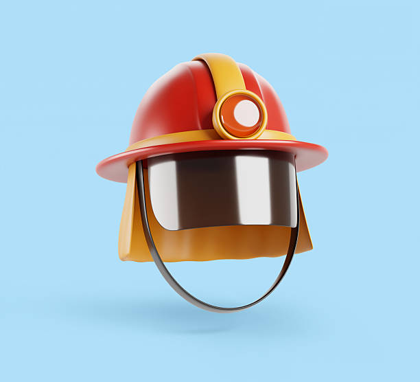 istock Firefighter helmet with face shield, lantern and flame retardant cape. Red plastic fire hat for fireman safety. Hardhat to protect head and neck. Isolated cartoon 3d render icon 2238232504