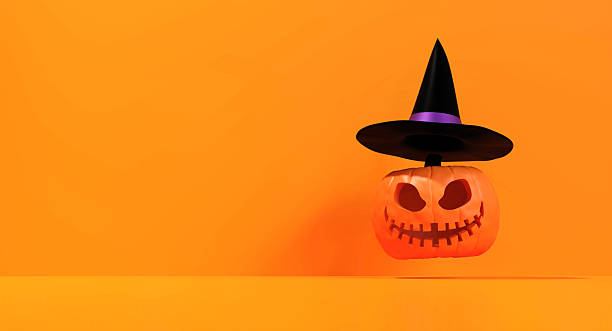 Halloween pumpkin lantern with a witch's hat - 3D rendering on an orange background