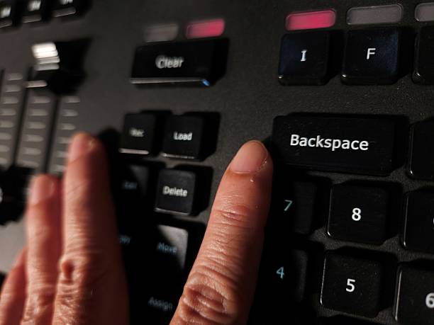 istock A man's hand operating a lighting console panel, with sliders and buttons used to adjust stage or studio lighting settings. 2238240675