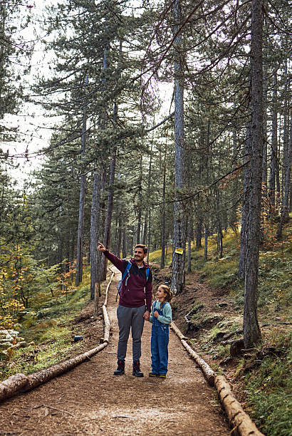 An active young dad who is carrying his one year old son in a backpack style baby carrier holds his three year old daughter while hiking across a wooden bridge through an evergreen forest in the Pacific Northwest during a nature hike.