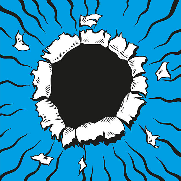 Comic book hole. Vector paper is torn through boom explosion. Circle hole in the middle on color background. Comic style cover template or flyer wallpapers.