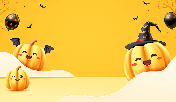 istock Cute Halloween pumpkins with witch hat, bat wings, balloons, and bats on yellow background. 2238244168
